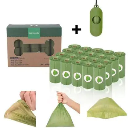 Biodegradálható kutyapiszok zacskók adagolóval — Levendula illatú, szivárgásmentes, 16 tekercs (zöld)