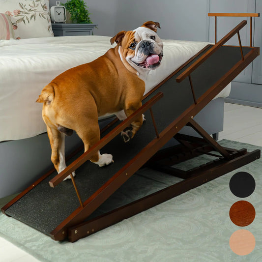 Dog ramp for Bed - PRIORPET Birchwood Adjustable Ramp for Dogs to Get on Bed: Dog ramps for High Beds up to 37 Inches – Foldable Ramp Anti-Slip Grip & Safety Rails Small Dogs Up to 120lbs – Walnut
